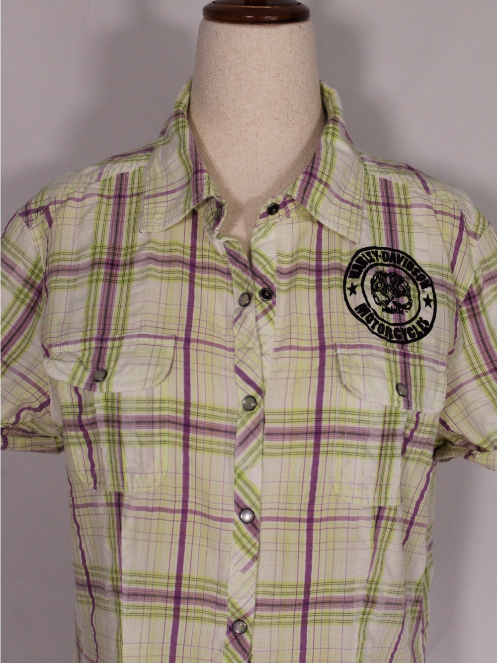 Vintage Harley-Davidson Lime & Purple Plaid Short-Sleeve Button Shirt w/ velvet